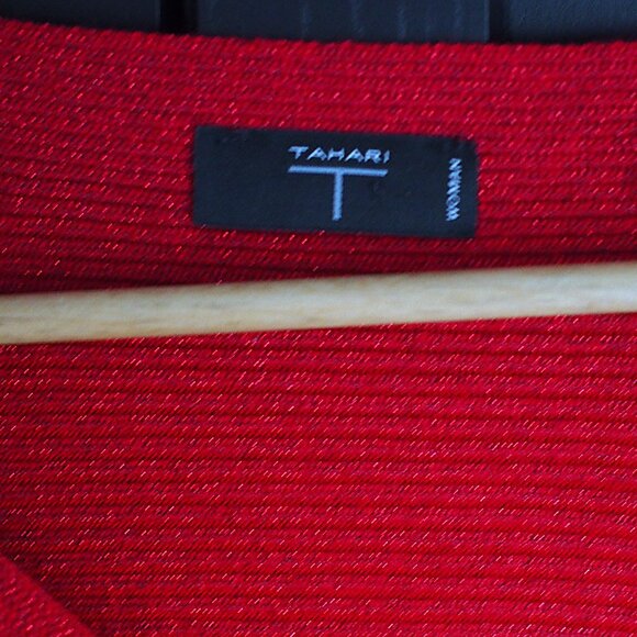 Tahari | Gorgeous Red Metallic Sparkly, Fine Rib, 3/4 Dolman Sleeve Sweater - Picture 2 of 5